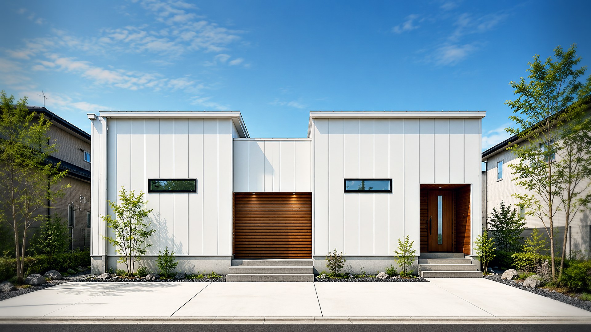 GARDEN 外観 ── 庭までリビングになる平屋の外観(白い外壁・木目スリット)|秀光ビルド徳島店