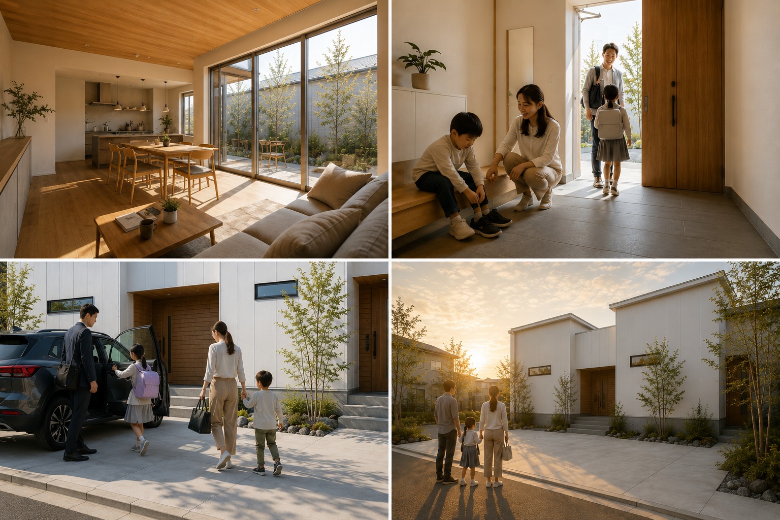 この家で暮らす一日 ── 朝のリビング、玄関での見送り、家族のお出かけ、夕暮れの団らん(GARDEN|秀光ビルド徳島店)