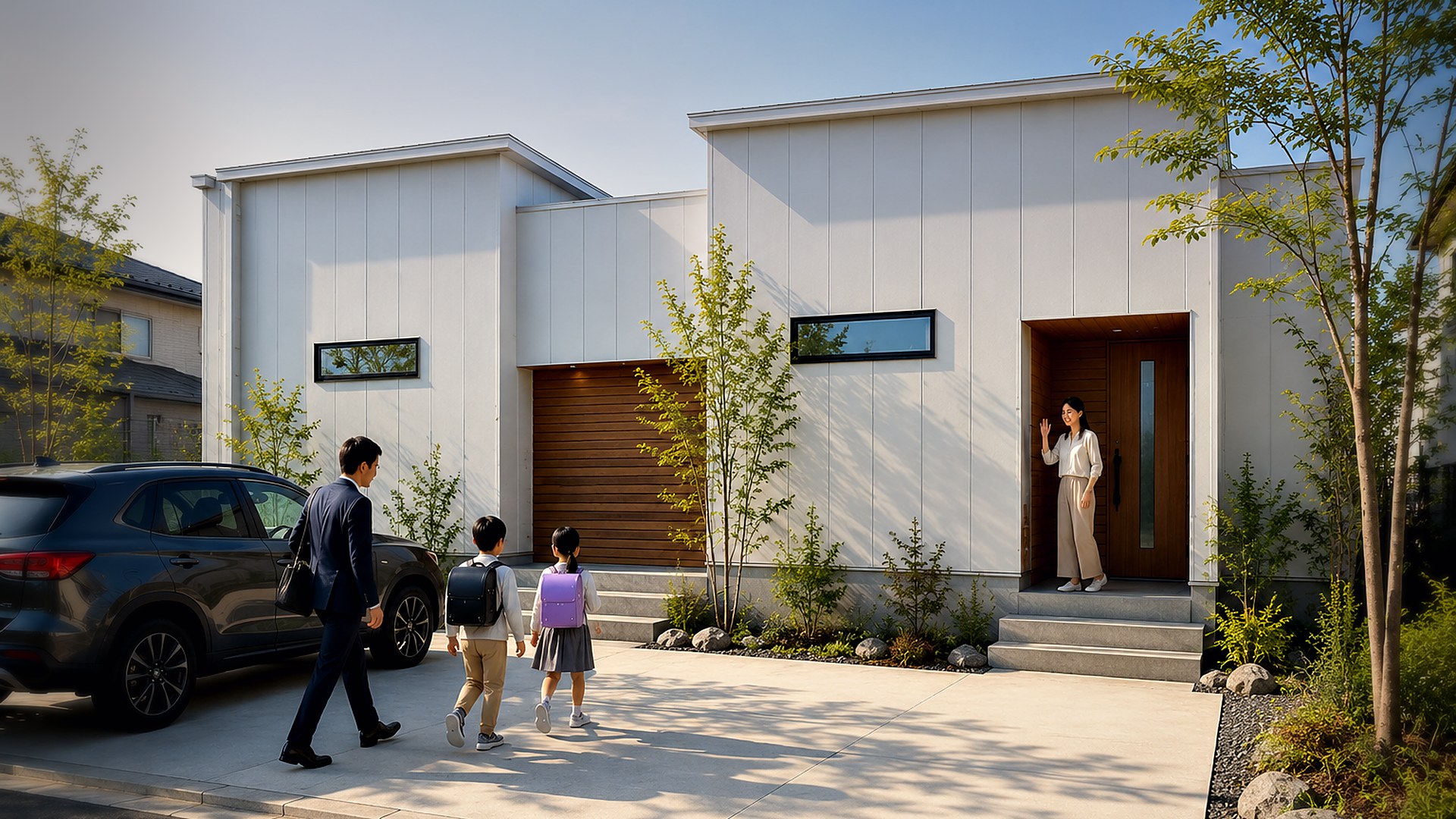 GARDEN 家族の朝 ── この家で暮らす一日の始まり(家族のお出かけ)|秀光ビルド徳島店